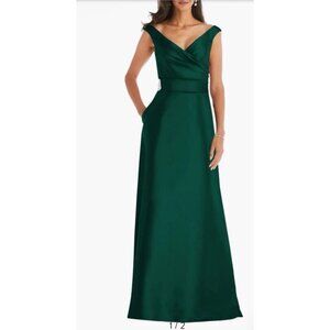 Alfred Sung Hunter Green Off the Shoulder Satin Gown $239 New Size 10